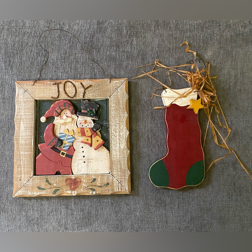 2 Country Farmhouse Christmas Wooden Decor Santa Snowman Stocking Hand Painted